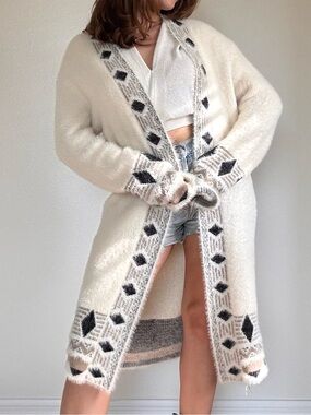 Angie Ivory Long Knit Cardigan with Black & Gray Geometric Trim